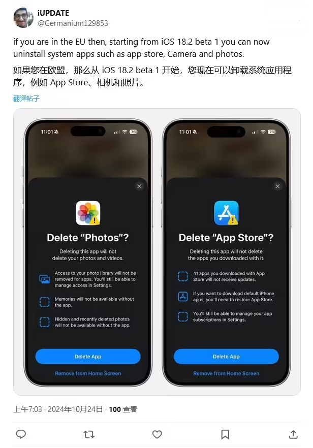 工业园区苹果手机维修分享iOS 18.2 支持删除 App Store 应用商店 