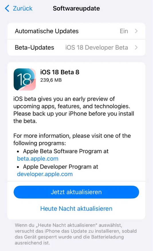 工业园区苹果手机维修分享苹果 iOS / iPadOS 18 开发者预览版 Beta 8 发布 